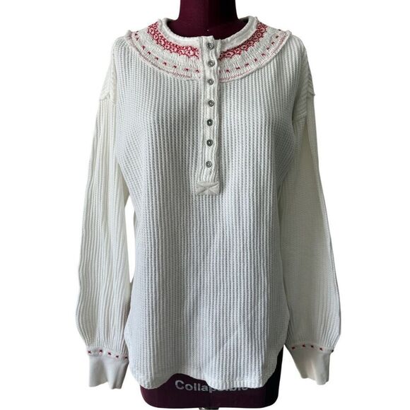 FREE PEOPLE HOLLY HENLEY size XS White Ivory Embroidered Boho Thermal - Picture 4 of 14